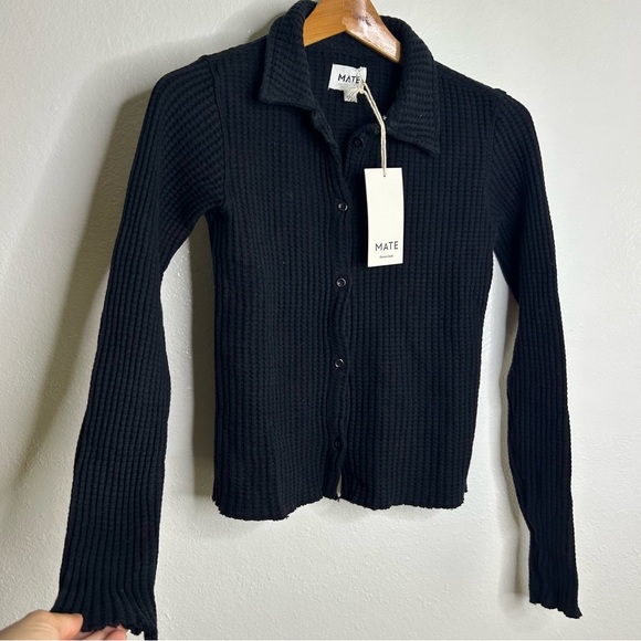 NWT MATE The Label 100% Organic Cotton Waffle Button Down Cardigan Black XS - Picture 2 of 14